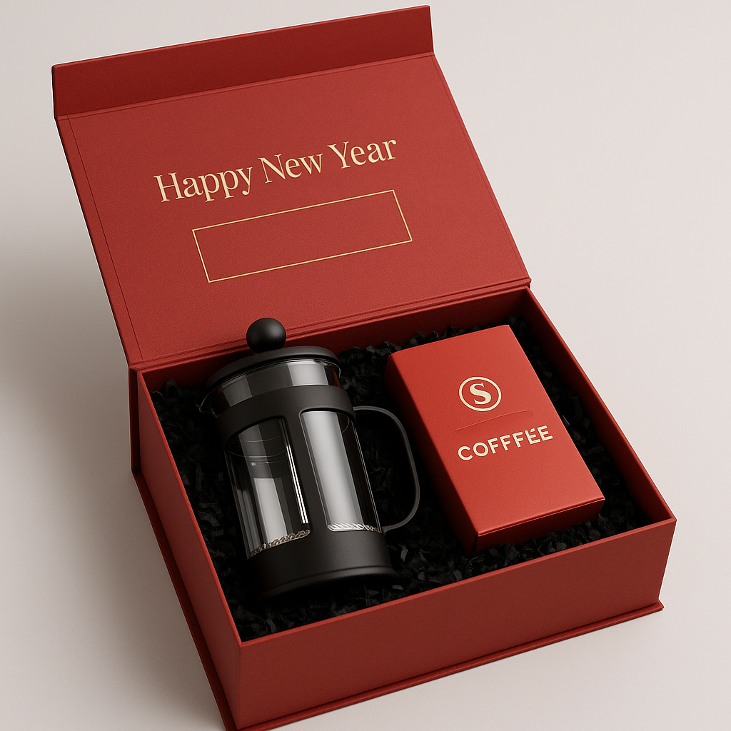 Yeni Yıl Kurumsal Hediye Kutusu | French Press + Filtre – Logo baskılı, kişiselleştirilebilir yeni yıl kurumsal hediye kutusu: French Press ve taze filtre kahve. Şirket hediyesi için ideal; hızlı üretim ve teslimat.