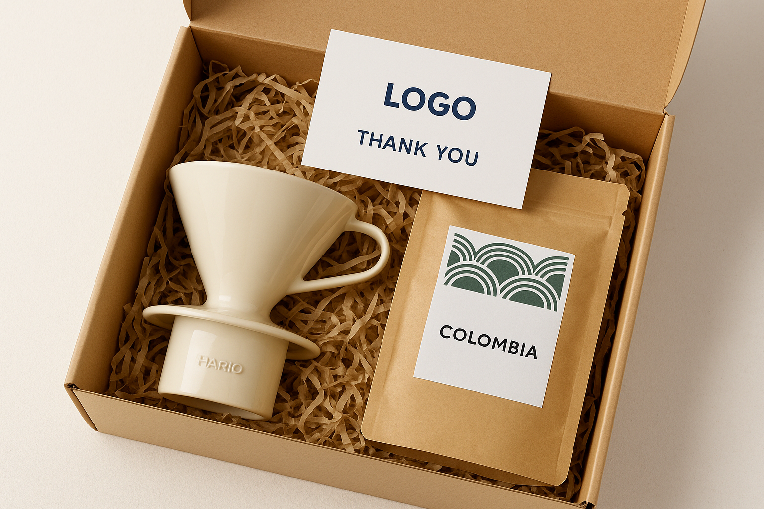 Teşekkür Hediye Kutusu | Hario Dripper + Kolombiya – Kişiye özel, logo baskılı teşekkür hediye kutusu: Hario V60 dripper ve taze kavrulmuş Kolombiya kahvesi. Kurumsal hediye ve müşteri jestleri için uygundur.
