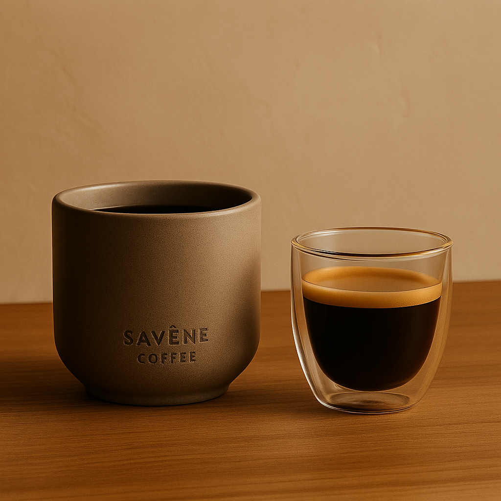 Çift duvarlı cam bardakta servis edilen kahve ve seramik kupa