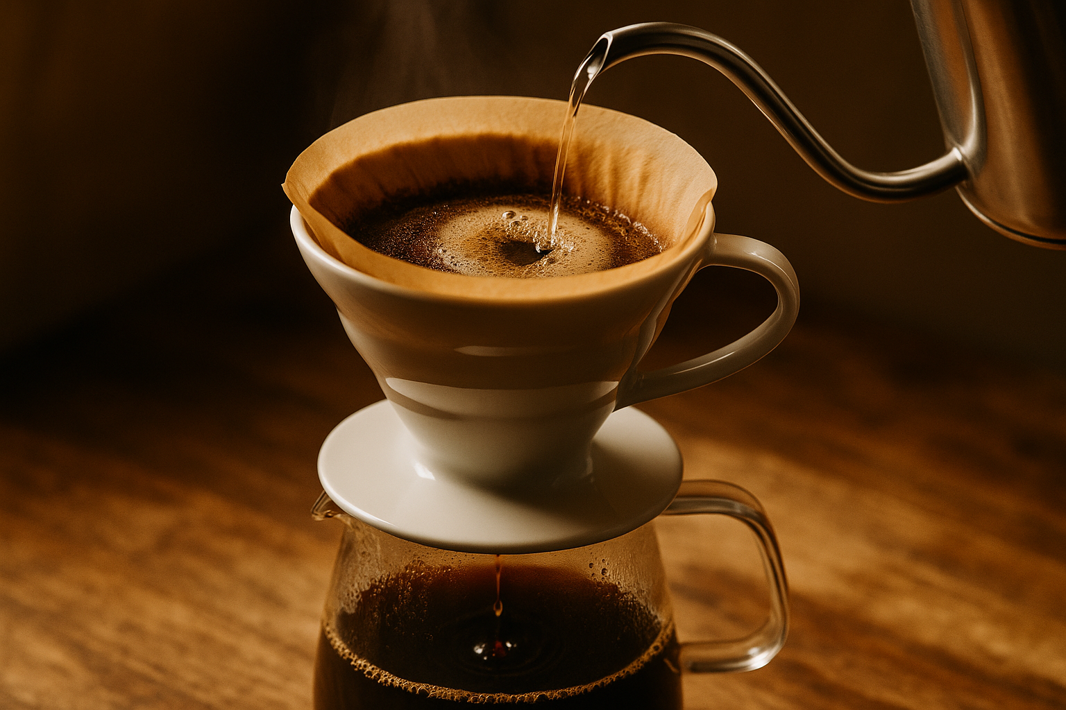 V60 ekipmanı ile filtre kahve demleme anı, üstten görünüm