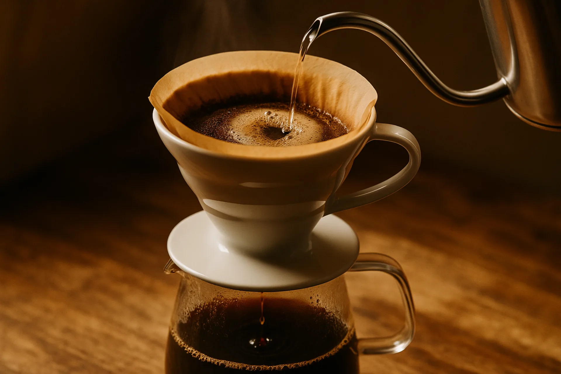 V60 ekipmanı ile filtre kahve demleme anı, üstten görünüm